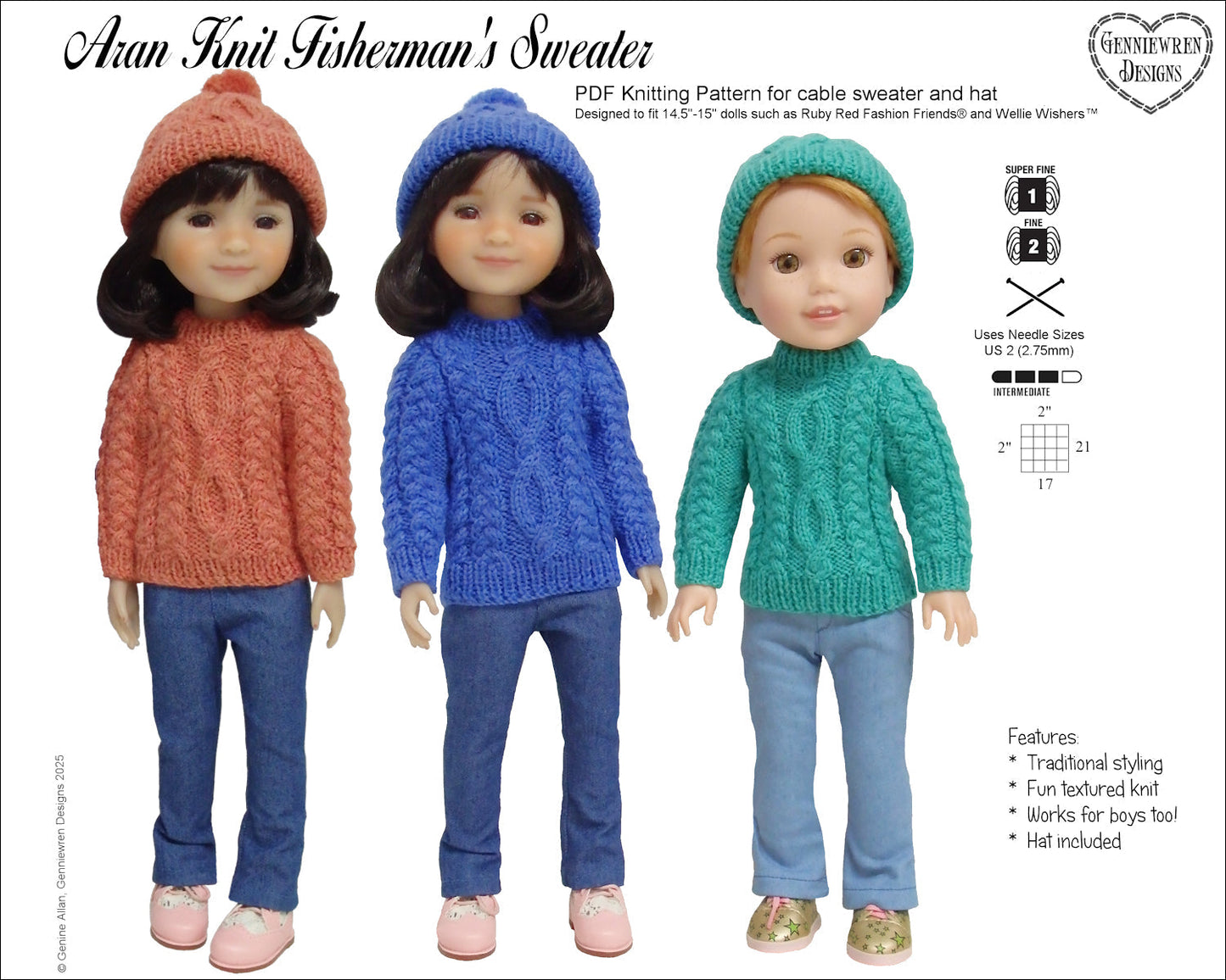 Aran Knit Fisherman's Sweater and Hat Knitting Pattern for 14.5-15" Dolls