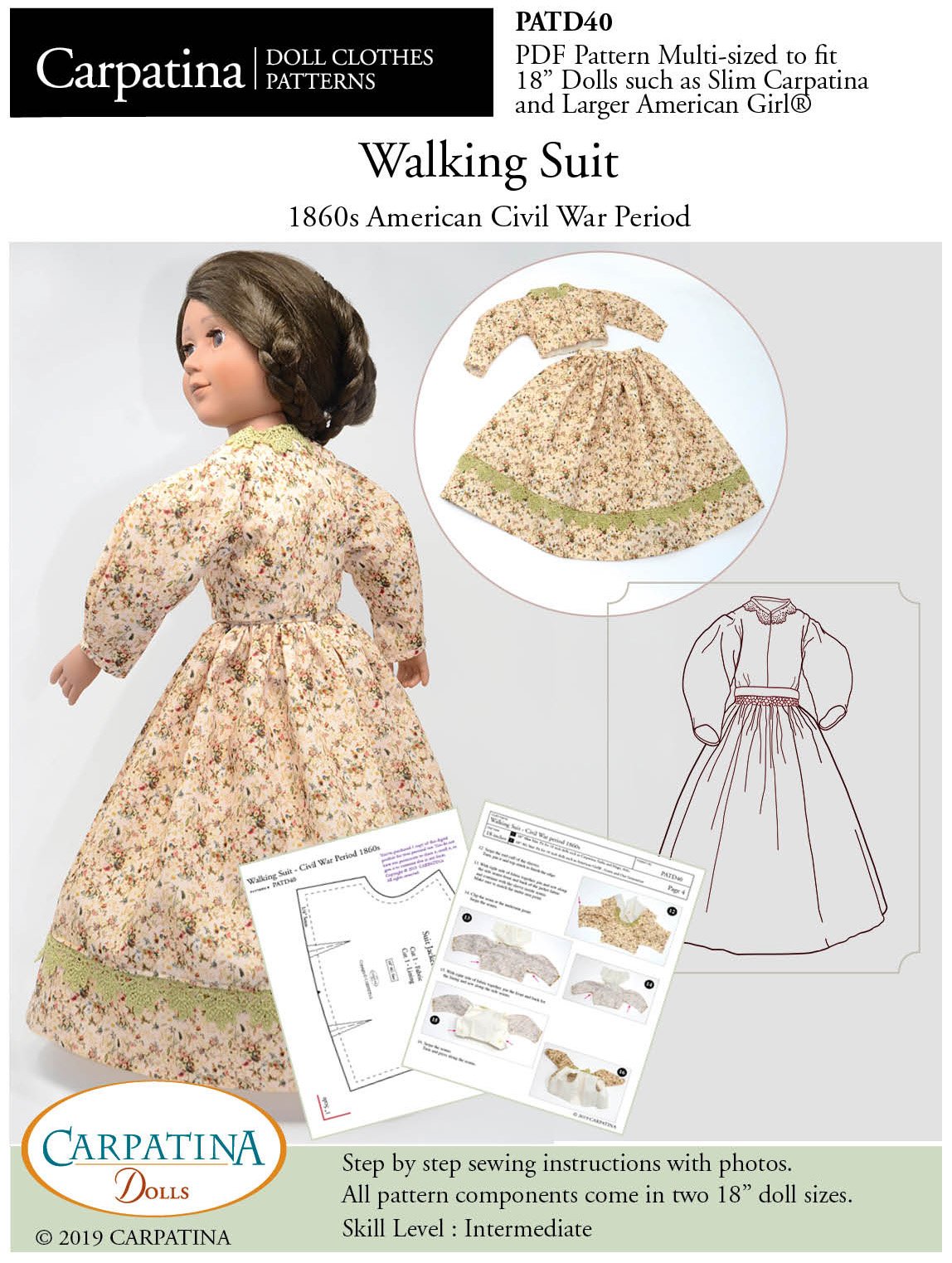 Walking Suit - 1860s Multi-sized Pattern for Regular and Slim 18" Dolls