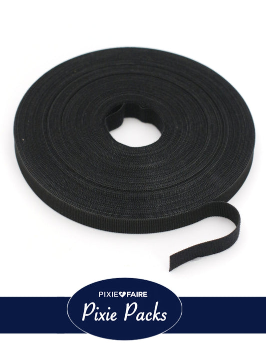 Pixie Packs 1/2" Wide Super Thin Hook and Loop Tape - Color:Black 25 Yard BULK ROLL