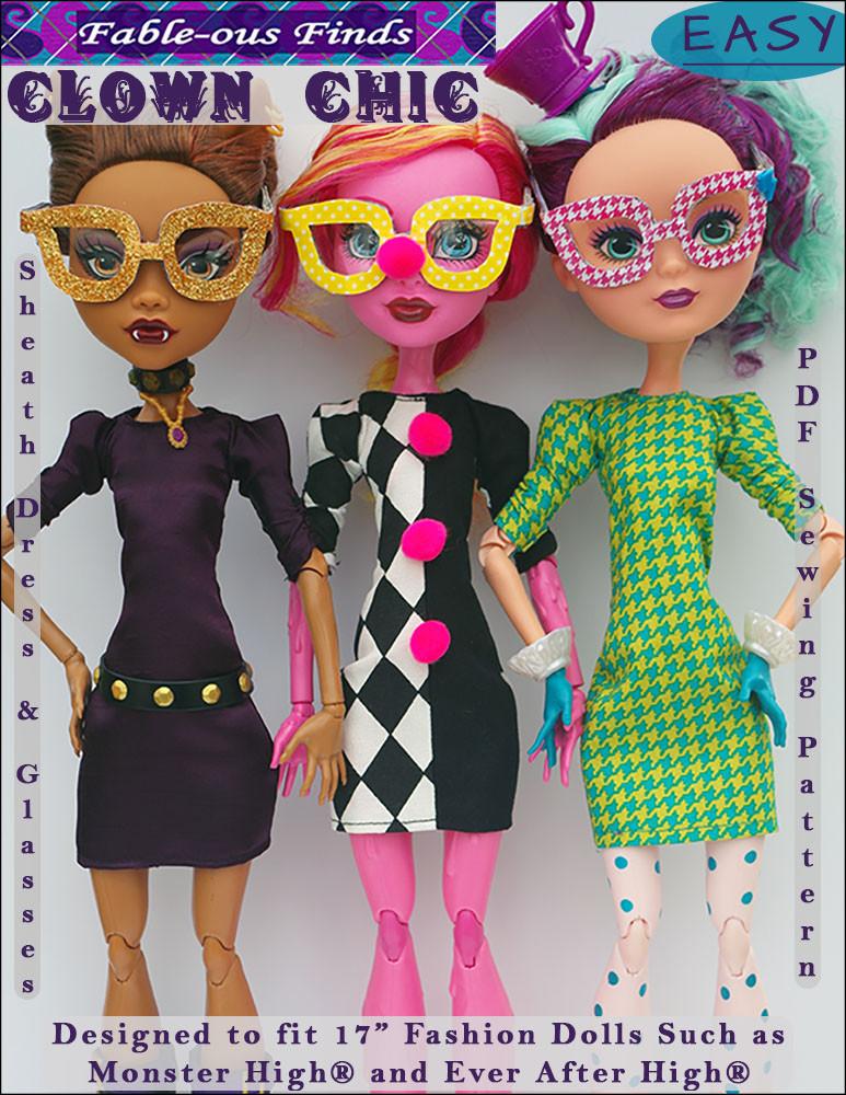 Clown Chic Sheath Dress and Glasses Pattern for 17 inch Monster High Dolls