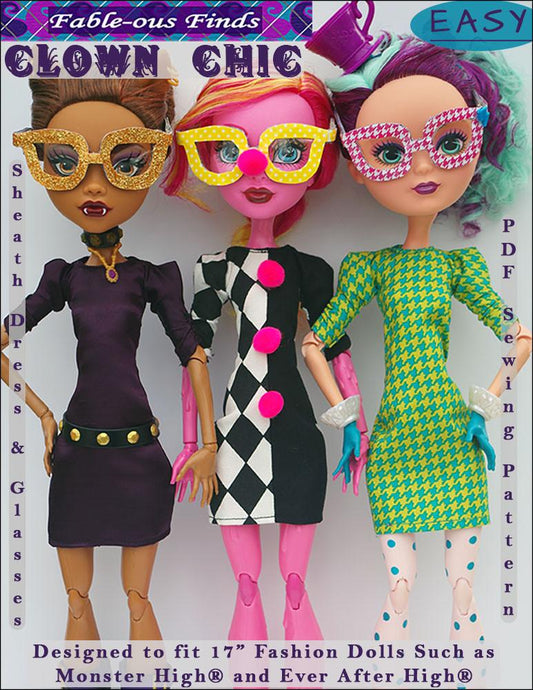 Clown Chic Sheath Dress and Glasses Pattern for 17 inch Monster High Dolls