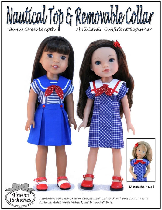 Nautical Top & Removable Collar 13-14.5" Doll Clothes Pattern