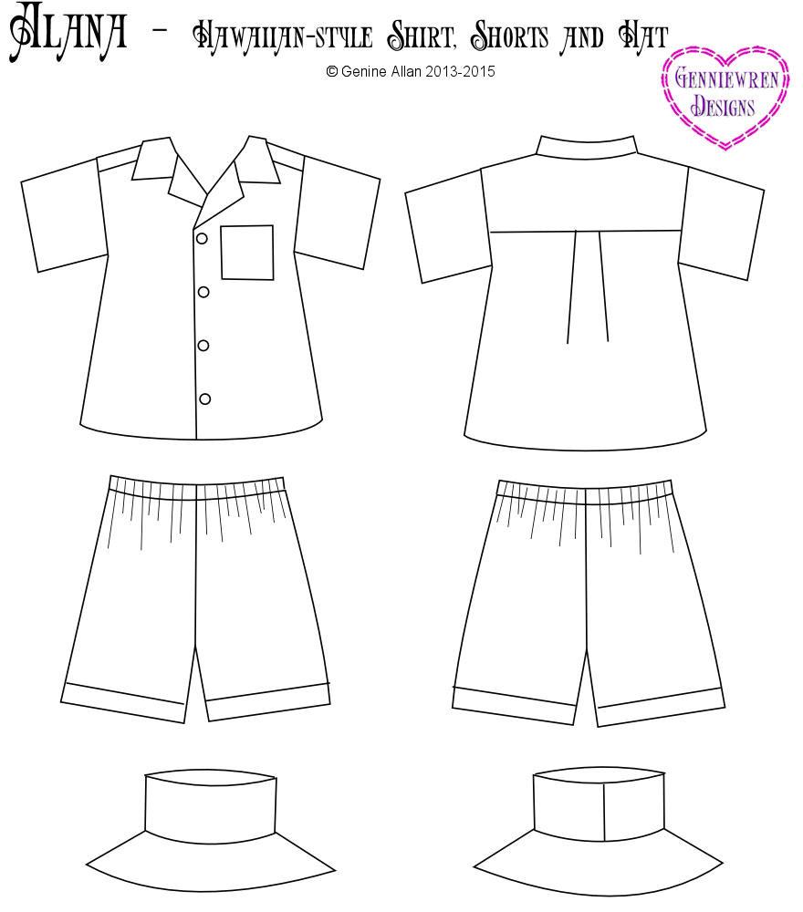 Alana - Hawaiian-Style Shirt, Shorts and Hat 18" Doll Clothes Pattern