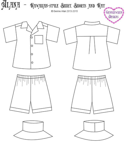 Alana - Hawaiian-Style Shirt, Shorts and Hat 18" Doll Clothes Pattern