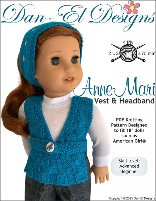 Anne-Mari Vest and Headband 18" Doll Clothes Knitting Pattern
