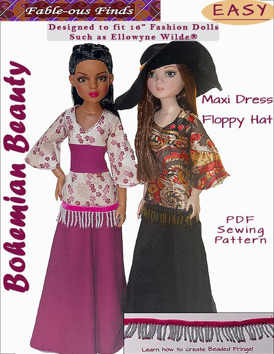 Bohemian Beauty Maxi Dress and Floppy Hat Pattern for Ellowyne Dolls