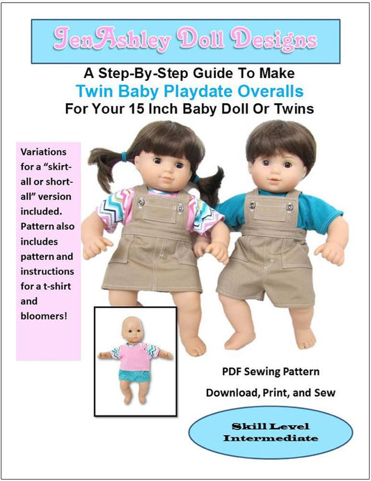 Twin Baby Playdate Overalls 15" Baby Doll Clothes Pattern