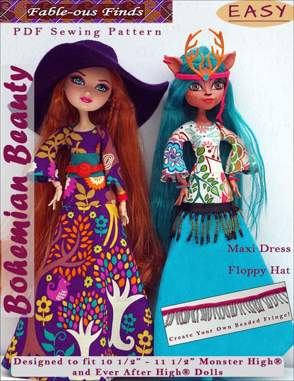 Bohemian Beauty Maxi Dress and Floppy Hat Pattern for Monster High Dolls