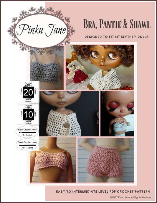 Bra, Pantie, & Shawl Crochet Pattern For 12" Blythe Dolls