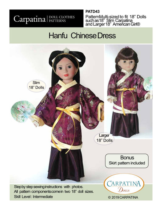 Hanfu Chinese Dress Multi-sized Pattern for Regular and Slim 18" Dolls