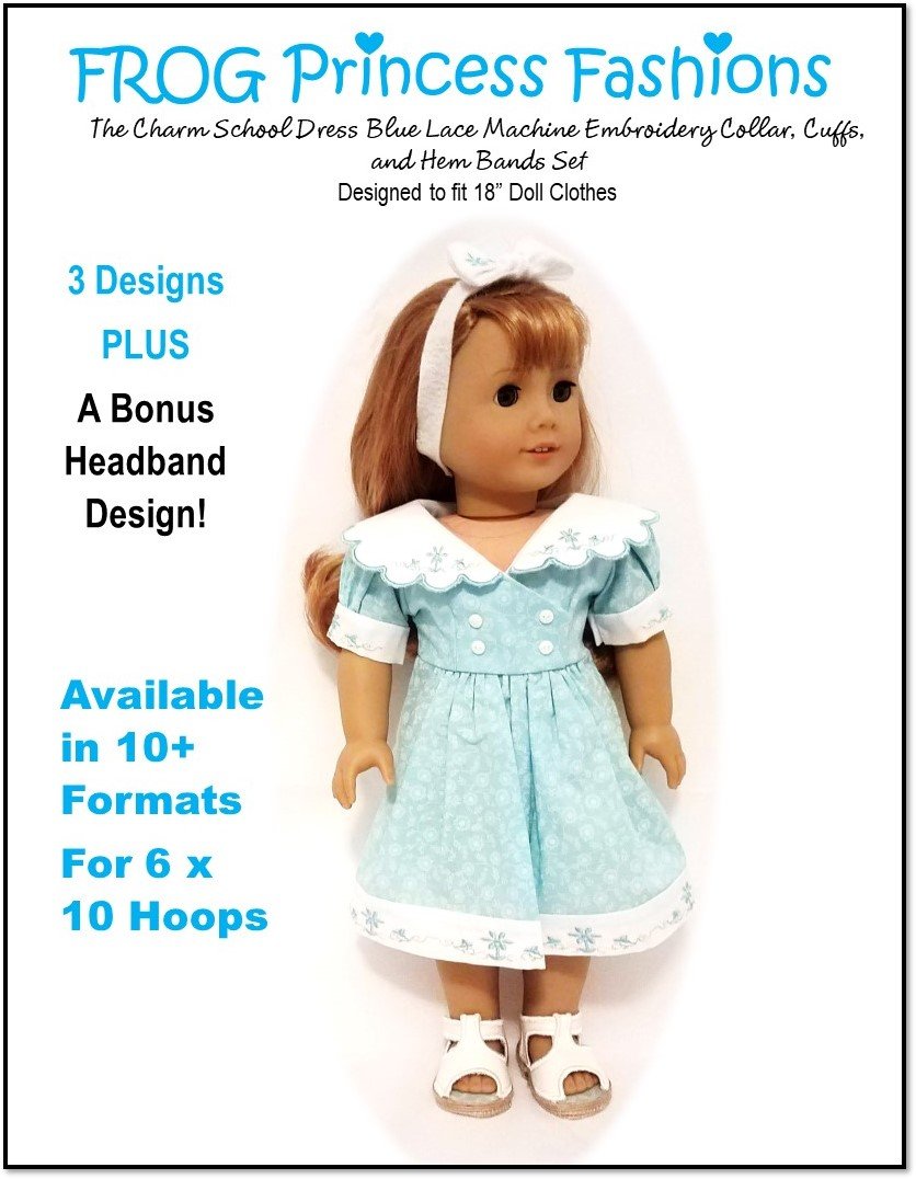 Charm School Blue Lace Collar, Cuffs and Hem Bands Machine Embroidery Design Set For 18" Doll Clothes