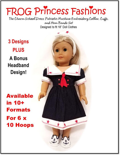 Charm School Patriotic Collar, Cuffs and Hem Bands Machine Embroidery Design Set For 18" Doll Clothes