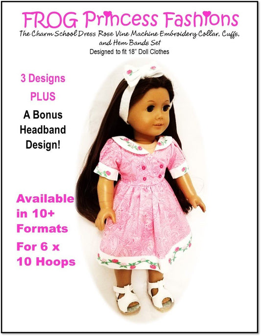 Charm School Rose Vine Collar, Cuffs and Hem Bands Machine Embroidery Design Set For 18" Doll Clothes