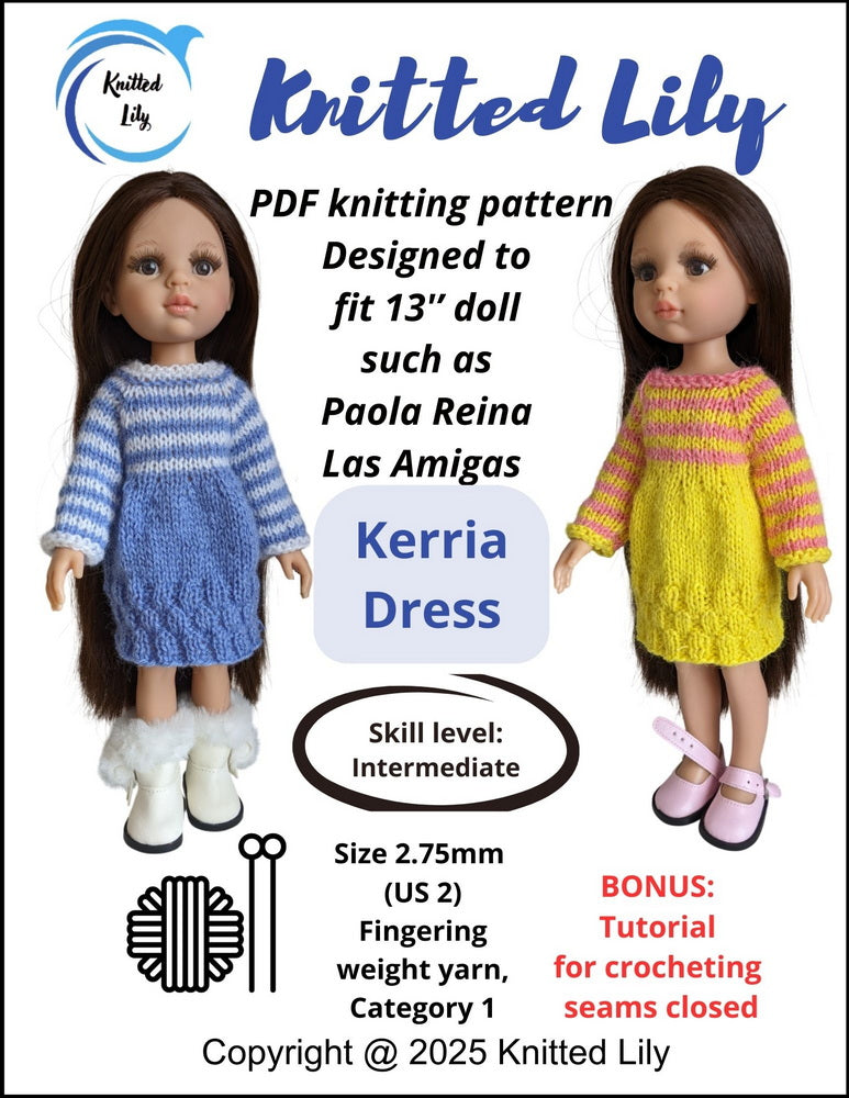 Kerria Dress Knitting Pattern for 13" Paola Reina Dolls