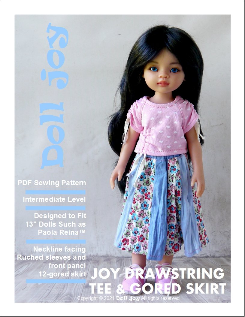 Joy Drawstring Tee and Gored Skirt Pattern For 13" Paola Reina Dolls