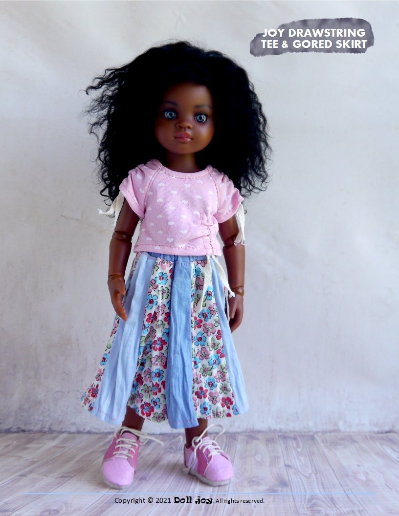 Joy Drawstring Tee and Gored Skirt Pattern For 13" Paola Reina Dolls