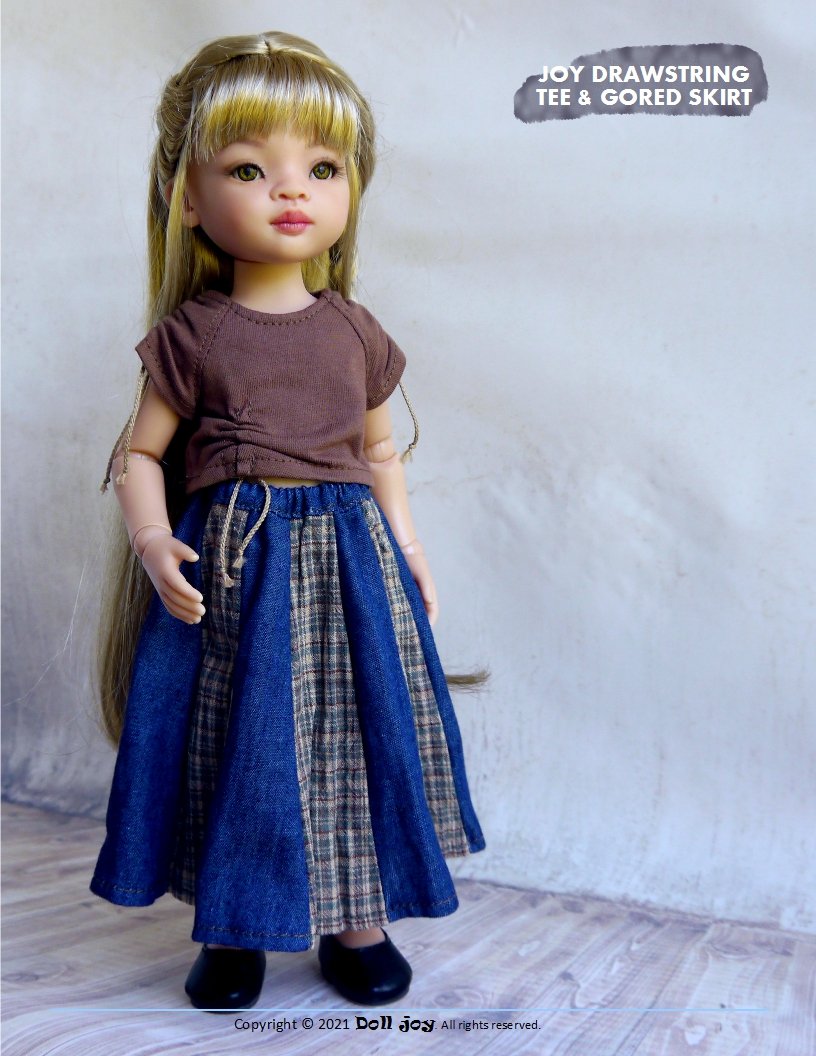Joy Drawstring Tee and Gored Skirt Pattern For 13" Paola Reina Dolls
