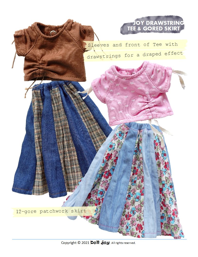 Joy Drawstring Tee and Gored Skirt Pattern For 13" Paola Reina Dolls