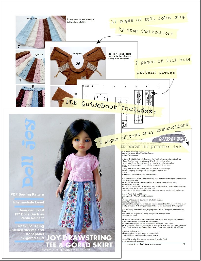 Joy Drawstring Tee and Gored Skirt Pattern For 13" Paola Reina Dolls
