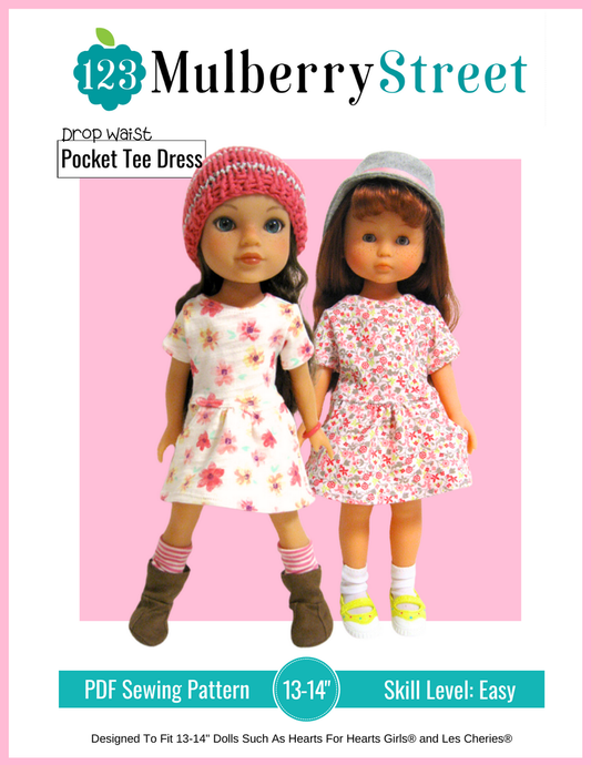 Drop Waist Pocket Tee Dress Pattern for Les Cheries and Hearts for Hearts Girls Dolls