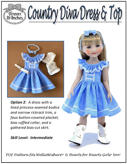 Country Diva Dress & Top 14" - 15" Doll Clothes Pattern