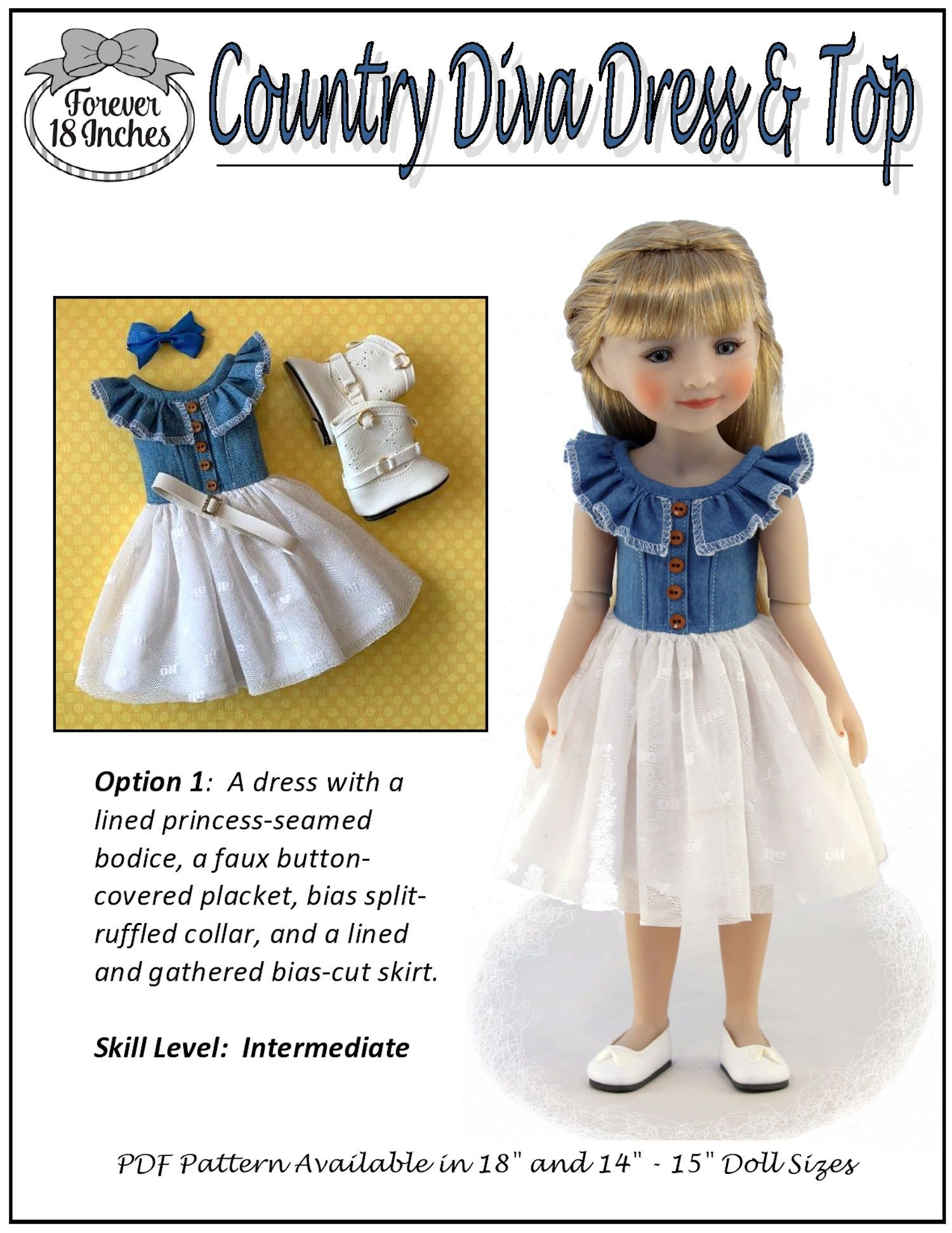 Country Diva Dress & Top 14" - 15" Doll Clothes Pattern