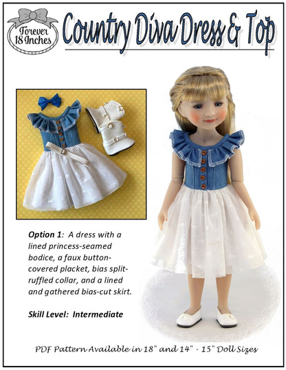 Country Diva Dress & Top 14" - 15" Doll Clothes Pattern