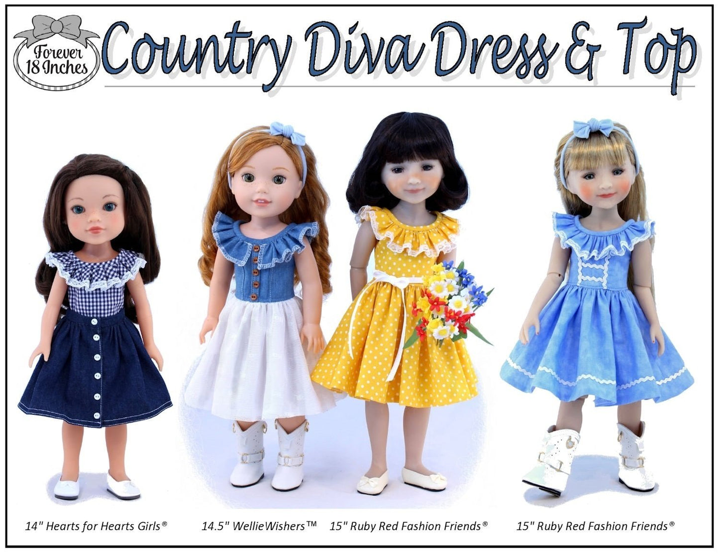 Country Diva Dress & Top 14" - 15" Doll Clothes Pattern