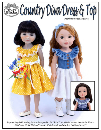Country Diva Dress & Top 14" - 15" Doll Clothes Pattern