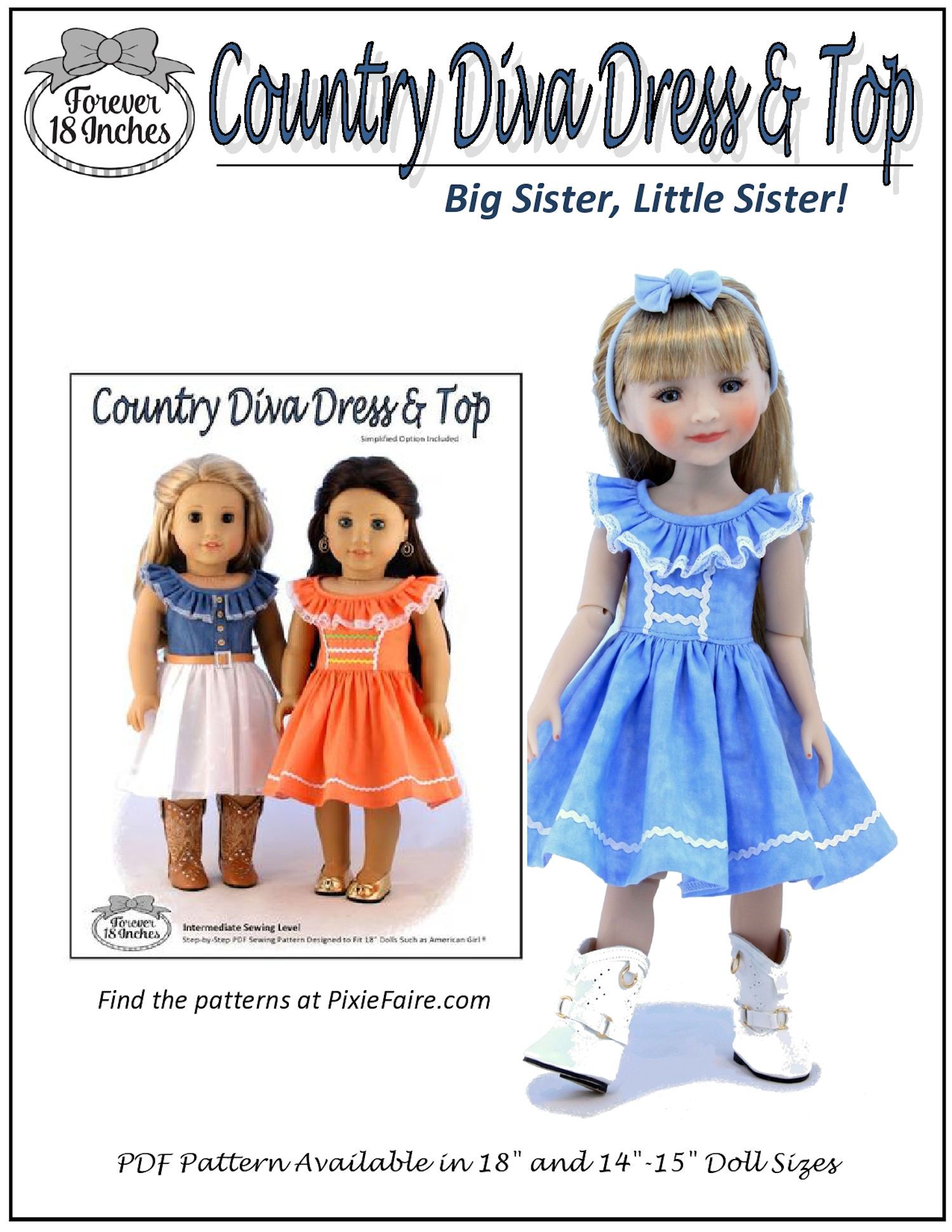 Country Diva Dress & Top 14" - 15" Doll Clothes Pattern