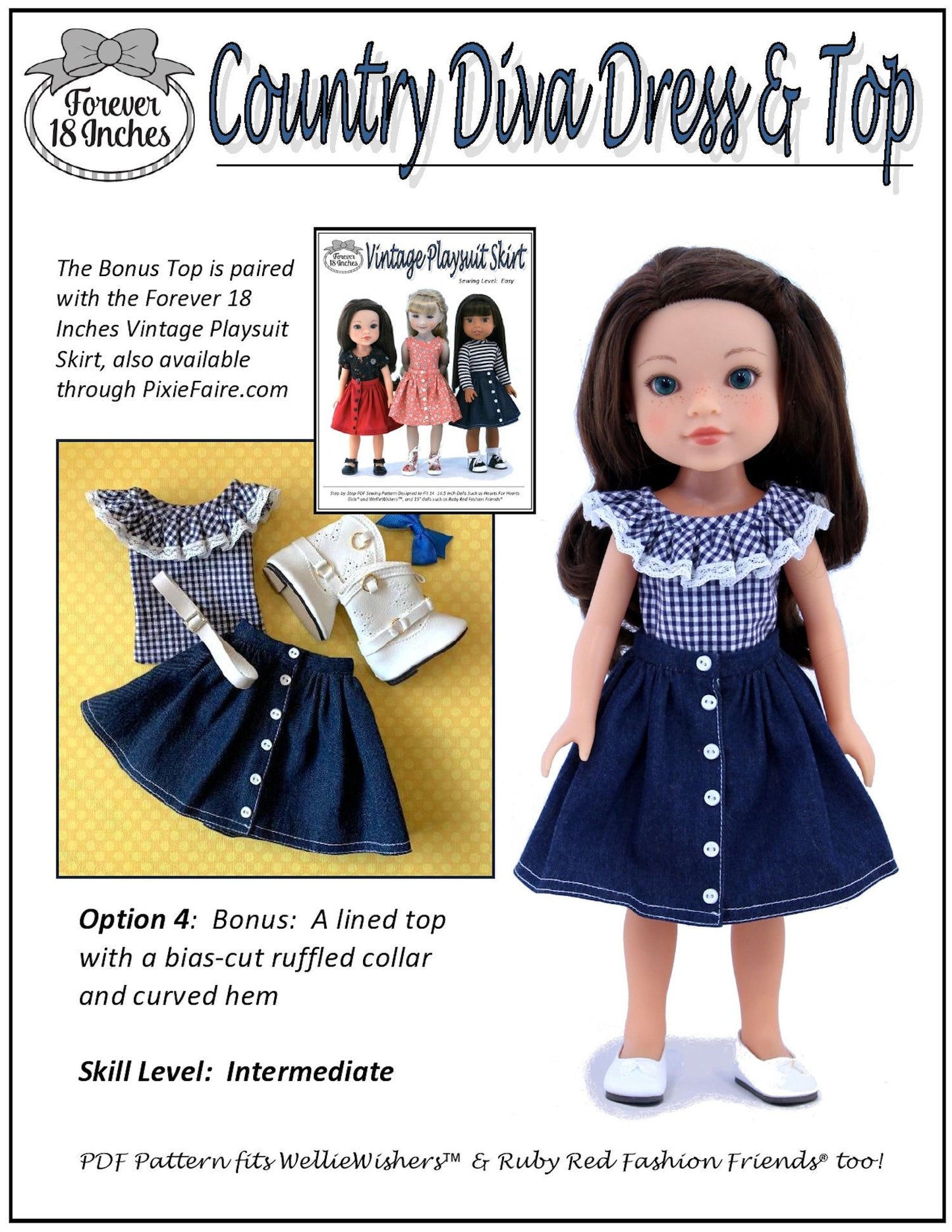 Country Diva Dress & Top 14" - 15" Doll Clothes Pattern