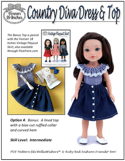 Country Diva Dress & Top 14" - 15" Doll Clothes Pattern