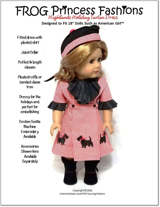 Highlands Holiday Tartan Dress 18" Doll Clothes Pattern