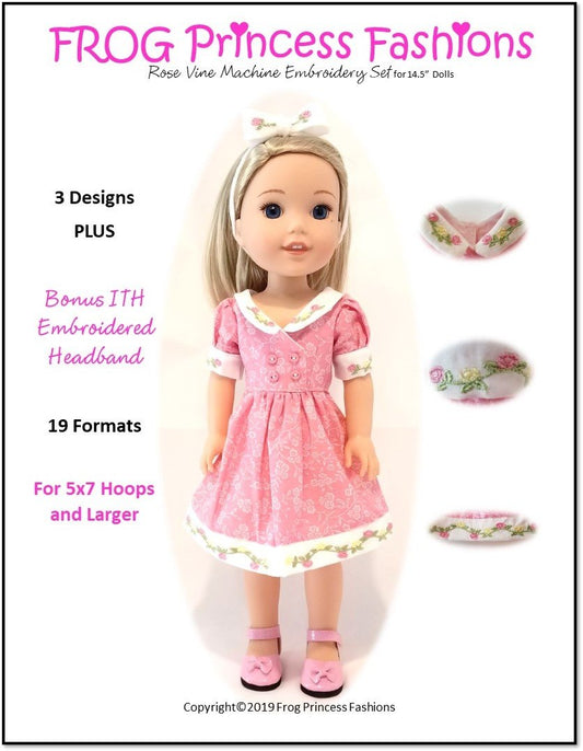 Charm School Rose Vine Machine Embroidery Design Set For 14.5" Doll Clothes