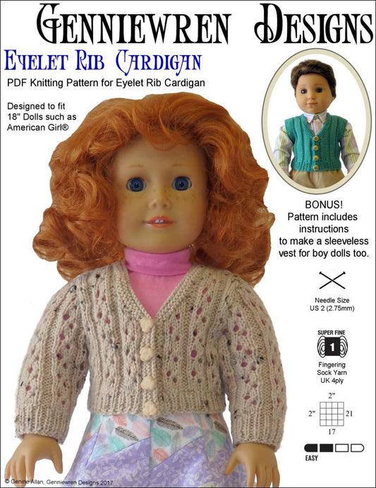 Eyelet Rib Cardigan 18" Doll Knitting Pattern