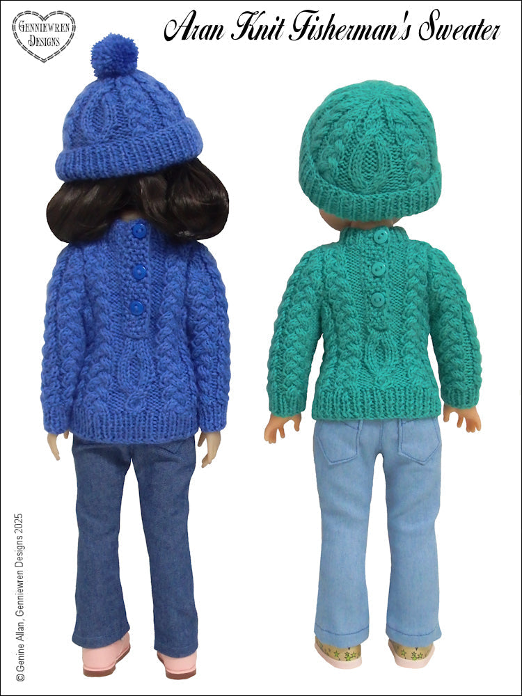 Aran Knit Fisherman's Sweater and Hat Knitting Pattern for 14.5-15" Dolls