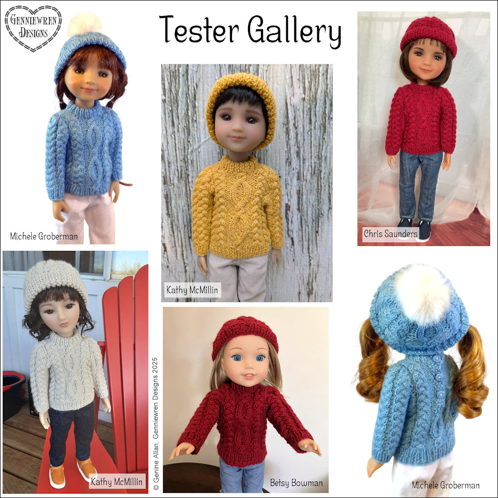 Aran Knit Fisherman's Sweater and Hat Knitting Pattern for 14.5-15" Dolls