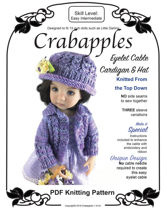 Eyelet Cable Cardigan and Hat Bundle Knitting Pattern for Little Darling Dolls