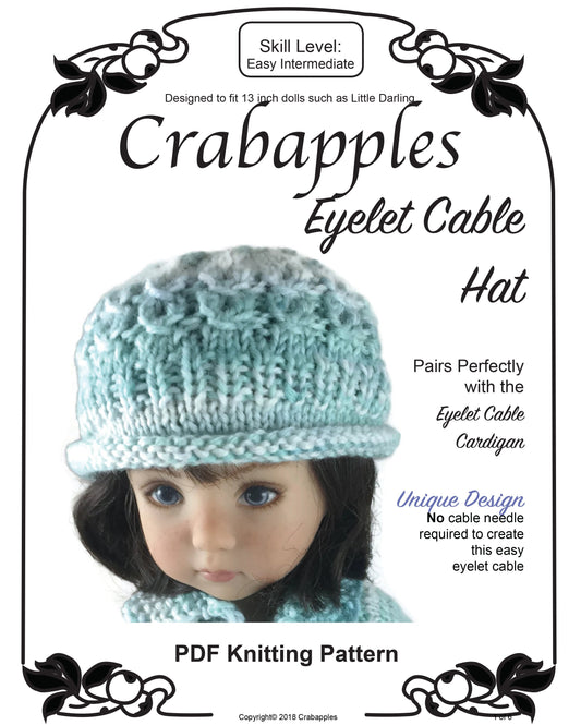 Eyelet Cable Hat Knitting Pattern for Little Darling Dolls