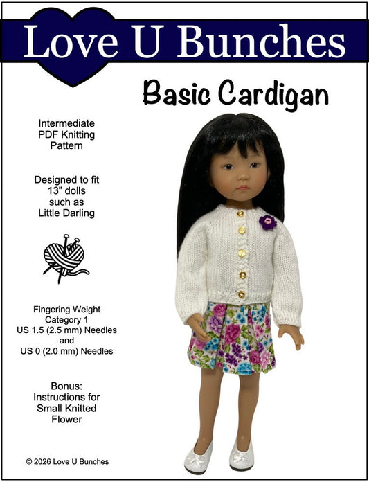 Basic Cardigan 13" Doll Clothes Knitting Pattern for Little Darling Dolls