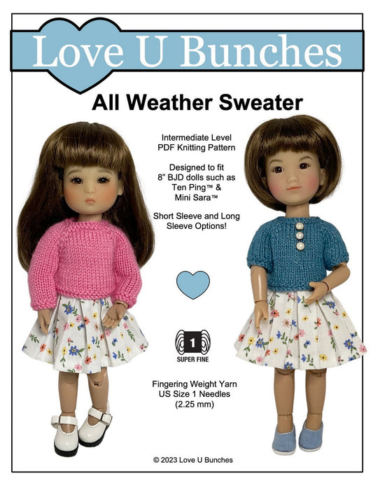 All Weather Sweater Knitting Pattern for 8 Inch BJD such as Ten Ping and Mini Sara