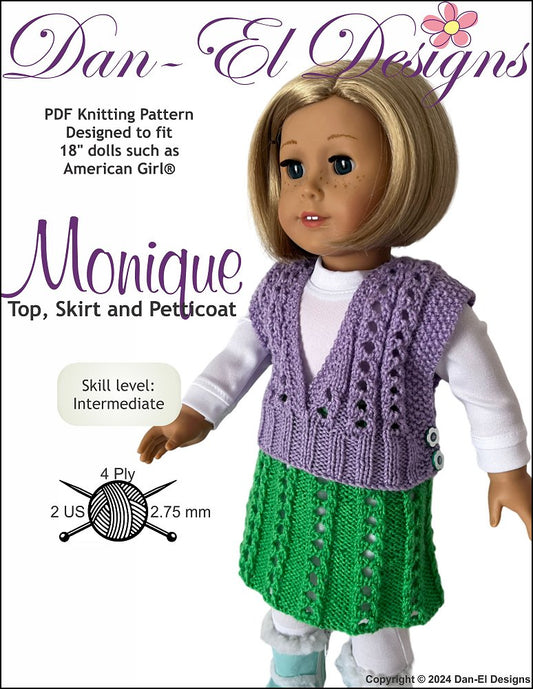 Monique Top, Skirt & Petticoat 18 inch Doll Knitting Pattern