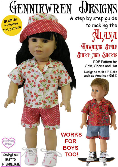 Alana - Hawaiian-Style Shirt, Shorts and Hat 18" Doll Clothes Pattern