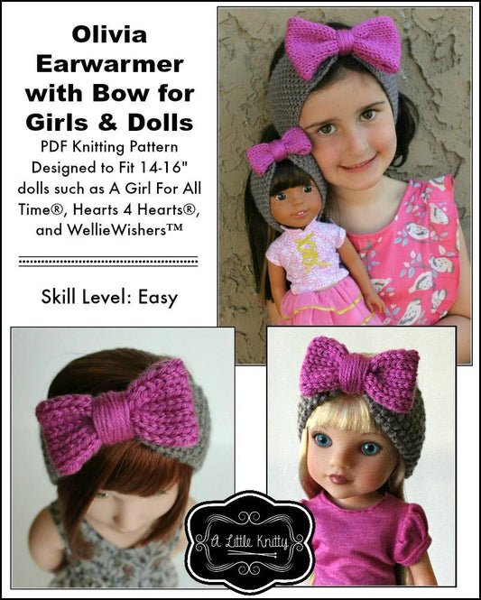 Olivia Earwarmer with Bow Knitting Pattern for Girls and 14-16" Dolls
