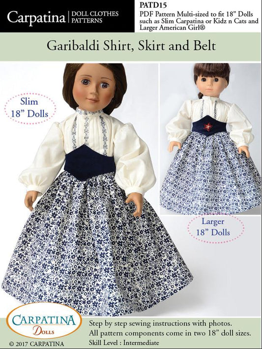 Garibaldi Shirt, Skirt and Belt Multi-sized Pattern for Regular and Slim 18" Dolls