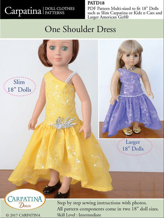 One Shoulder Dress Multi-sized Pattern for Regular and Slim 18" Dolls