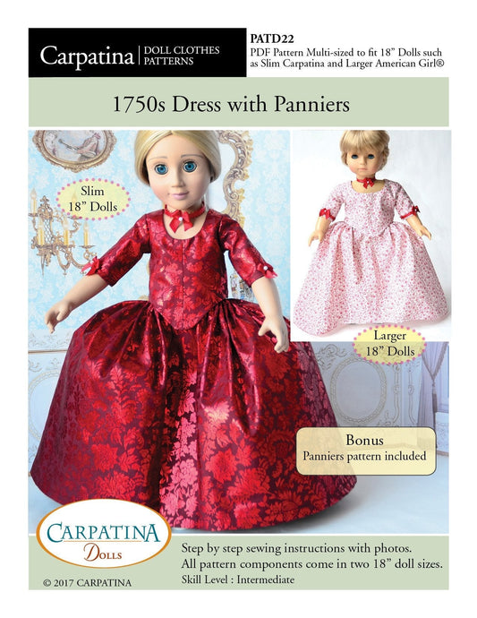 1750's Dress with Panniers Multi-sized Pattern for Regular and Slim 18" Dolls