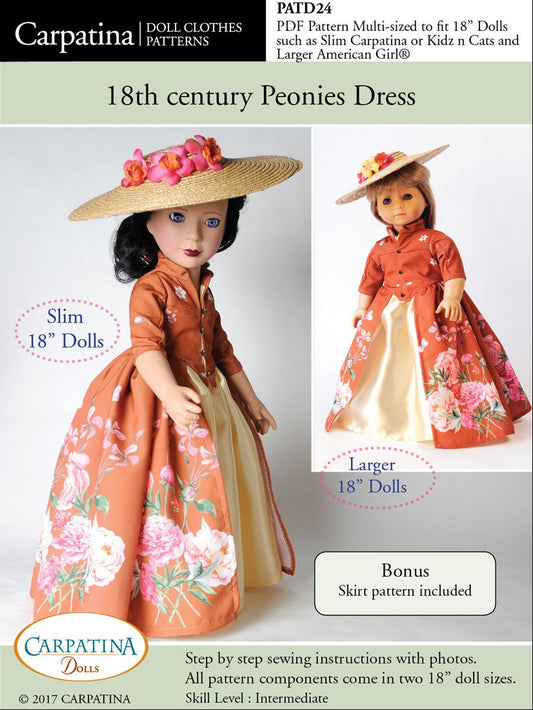 18th Century Peonies Dress Multi-sized Pattern for Regular and Slim 18" Dolls