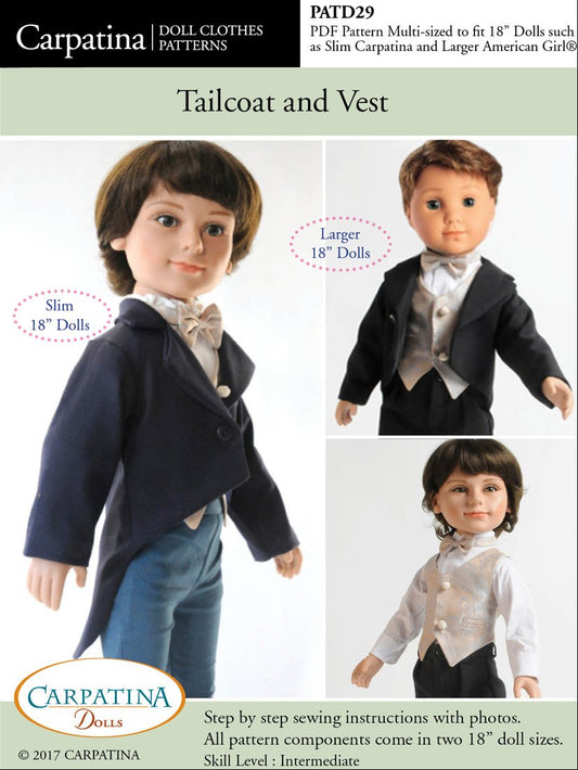 Tailcoat and Vest Multi-sized Pattern for Regular and Slim 18" Boy Dolls
