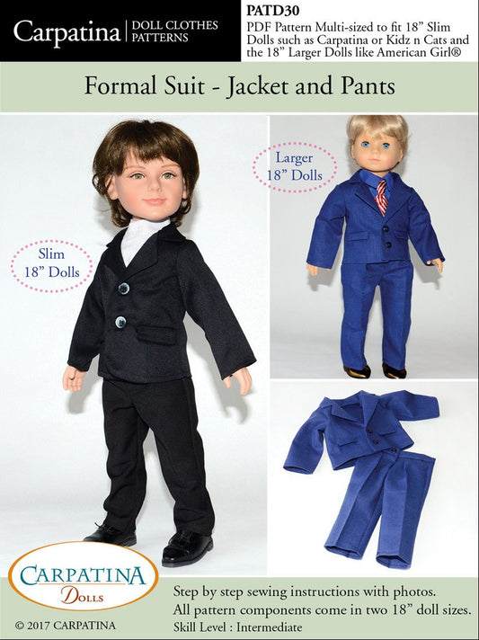 Formal Suit - Jacket and Pants Multi-sized Pattern for Regular and Slim 18" Boy Dolls